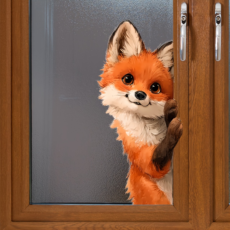 TEMU Autumn Window Static Cling Smiling Peeking Fox Glass Sticker Double-sided Fall Window Decoration Removable Fridge Magnet Home Office Decor