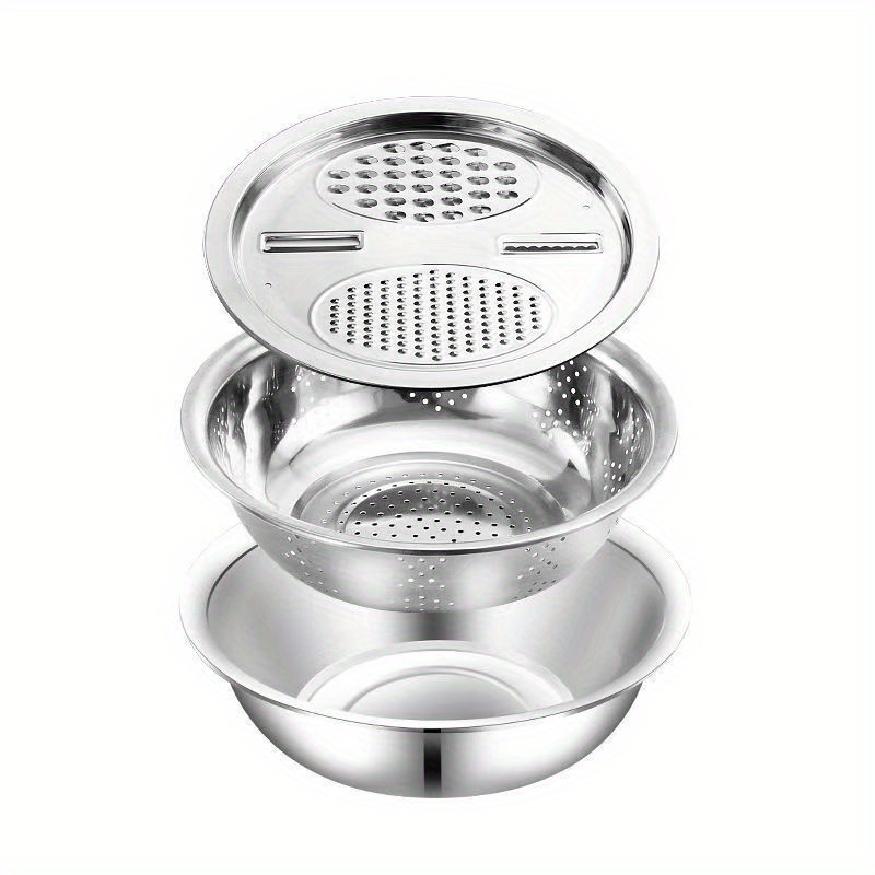 E-shop 3-teiliges Edelstahl-Küchenset mit integriertem Mühle, Multifunktionsfilter und Schüssel – Ideal zum Reinigen, Schneiden von Obst, Gemüse & Käse