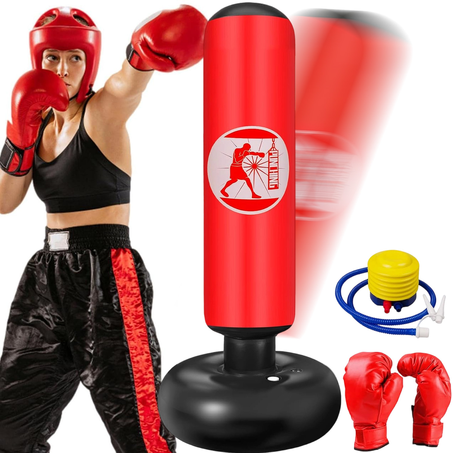 Image of Punching Bag With Boxing Gloves, 160cm Larger Stable Inflatable Boxing Bag Set, Gifts For Beginer, For Practicing Karate, Taekwondo, Mma
