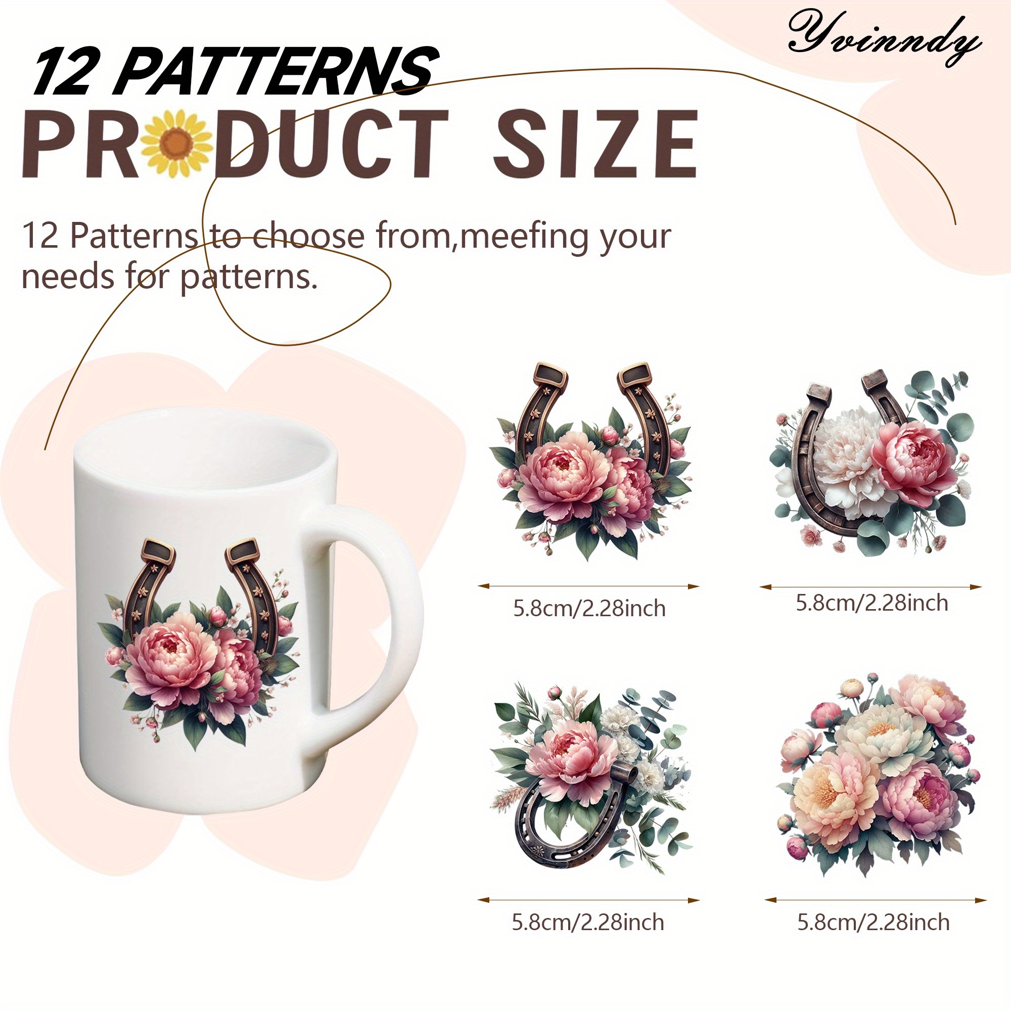 TEMU Set Of 12pcs Of Horse Hoof Peony Uv Dtf High- Decorative Transfer Paper - Waterproof And Scratch-resistant, Featuring A 3d Crystal Effect,