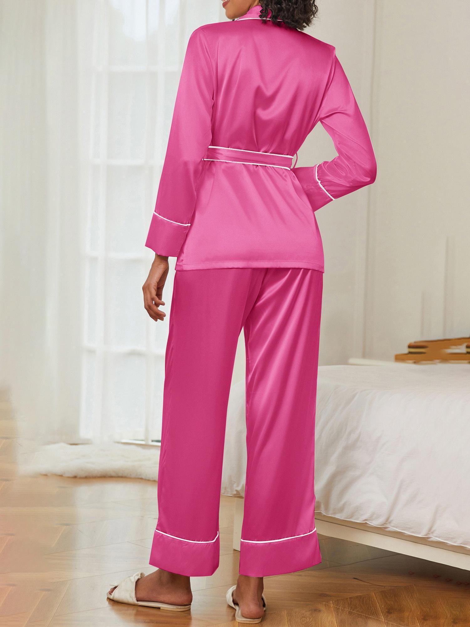 elegant womens satin pajama set belt long sleeve v neck top Temu