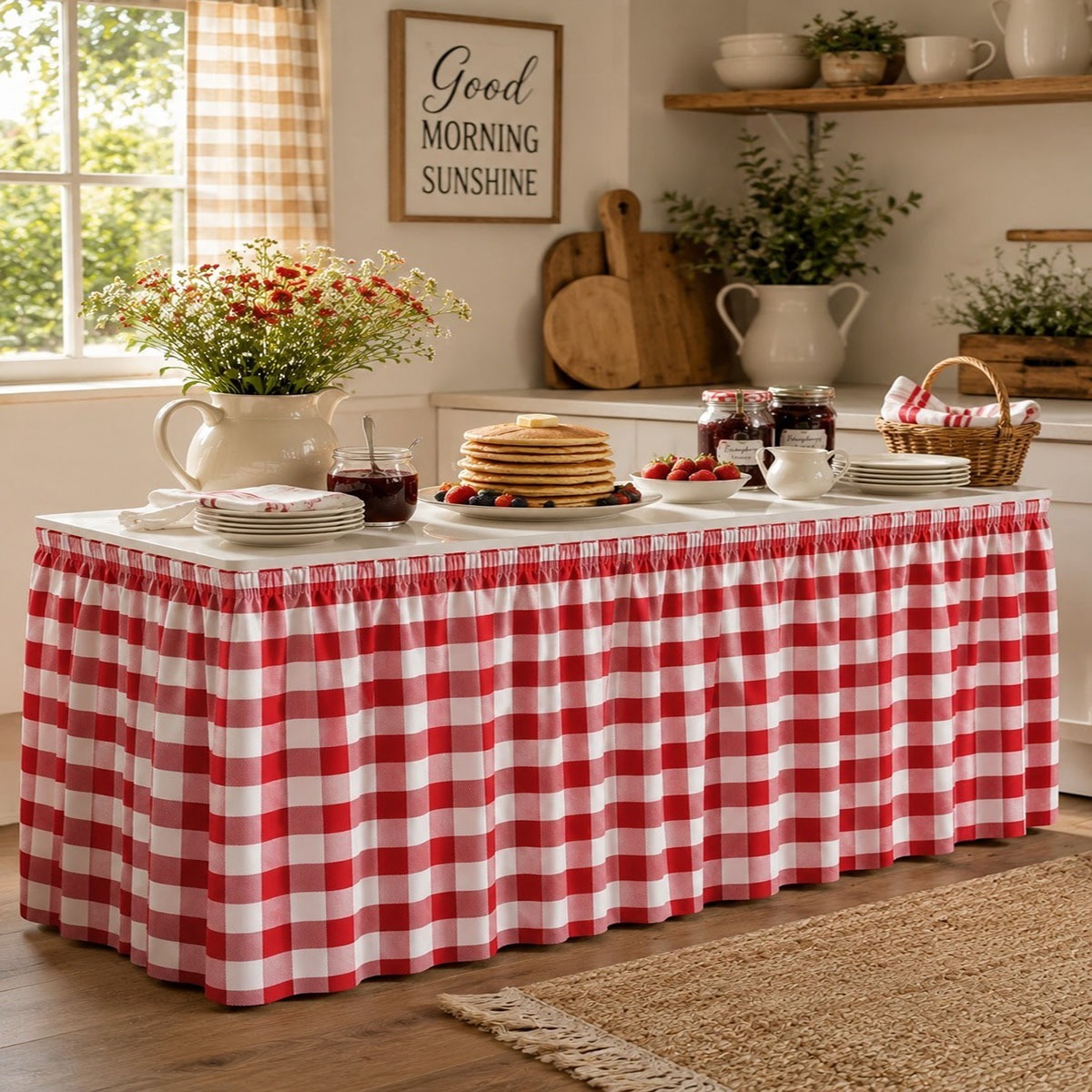 TEMU 1pc Party Table Skirt, Tablecloth Red And White Checkered Table Skirt, Country Picnic Style Party Tablecloth Table Skirt, Printed With And White