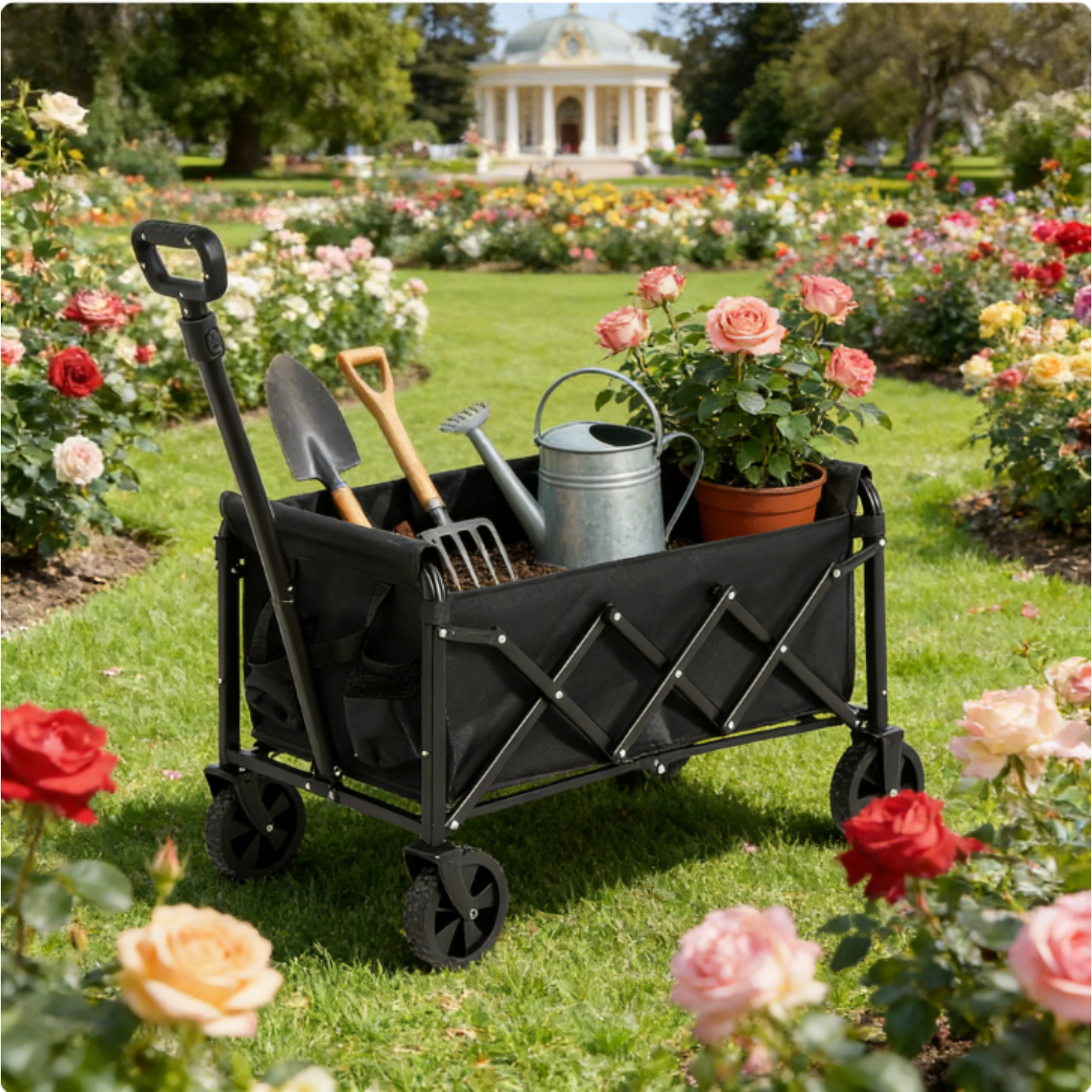 1pc 100l Folding Trolley | 60kg Load Stable Pull Cart With Adjustable Handle And Storage , Black, , Universal Wheels, Foldable For Outdoor Gardening And Shopping