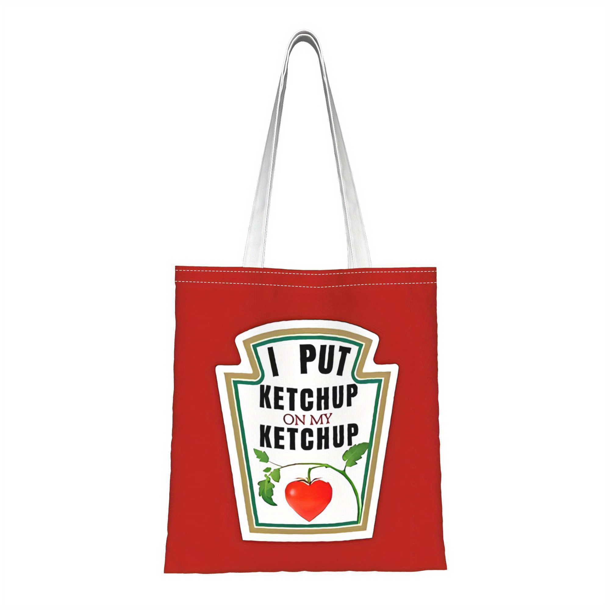 TEMU Biihudu Red Canvas Tote Bag With "i Put Ketchup On My Ketchup" Design - Durable Fixed Shoulder Strap, Washable Everyday Handbag For Shopping &
