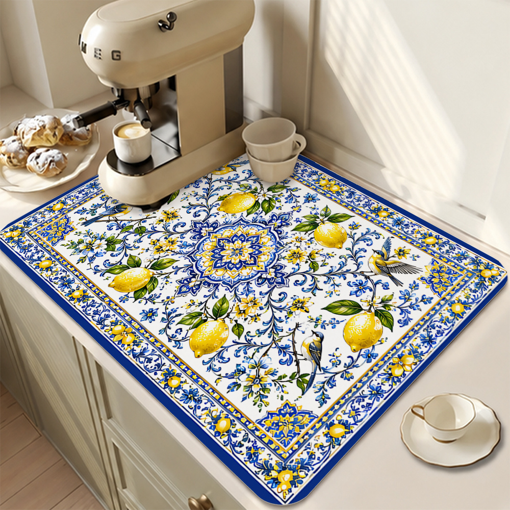 TEMU 1pc, Tile-patterned Absorbent Placemat, Printed With A Blue And Yellow Tile Pattern Featuring Yellow Lemons, Flowers, And Birds, Suitable For