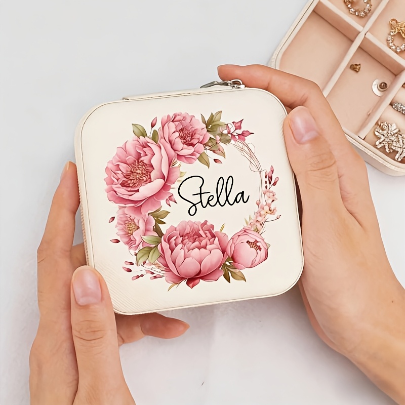 TEMU Customizable Name Personalized Wreath Jewelry Box - Custom Beige Travel White Storage Case With Zipper Closure And Fabric Lining, Perfect
