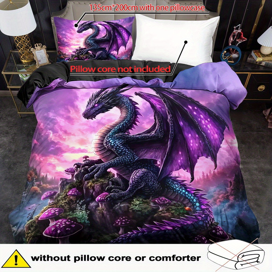 E-shop 2/3-teiliges Bettbezug-Set, Fantasy Amethyst Drachen Print Bettbezug Set, King Bettwäsche, Polyester Maschinenwaschbar, Quilt Dekoration,
