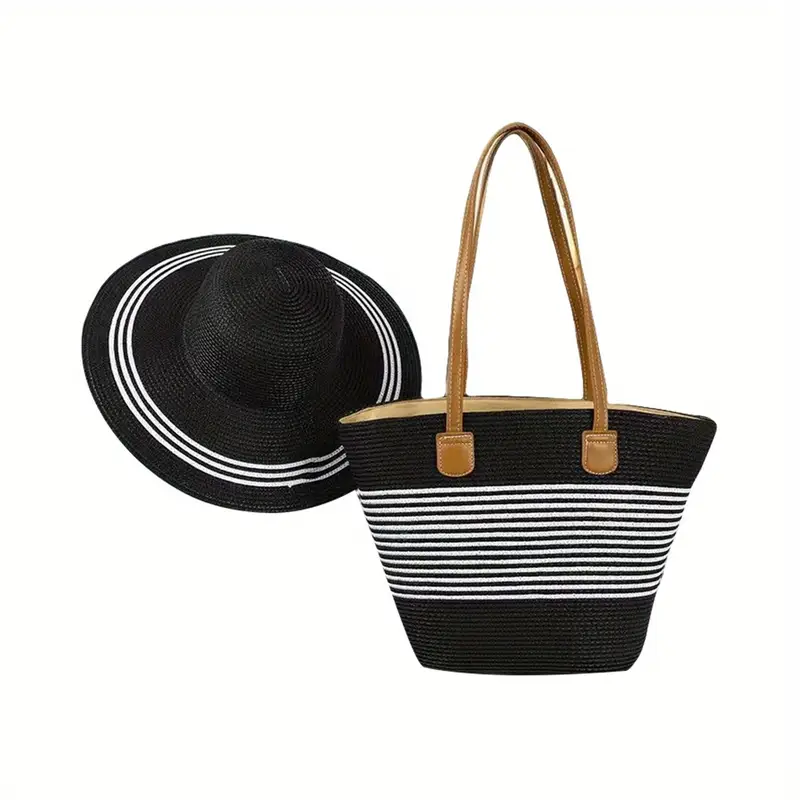 chapeau de paille pour femmes avec sac , chapeau de plage rayé dété à large bord et protection solaire pour en extérieure détails 1