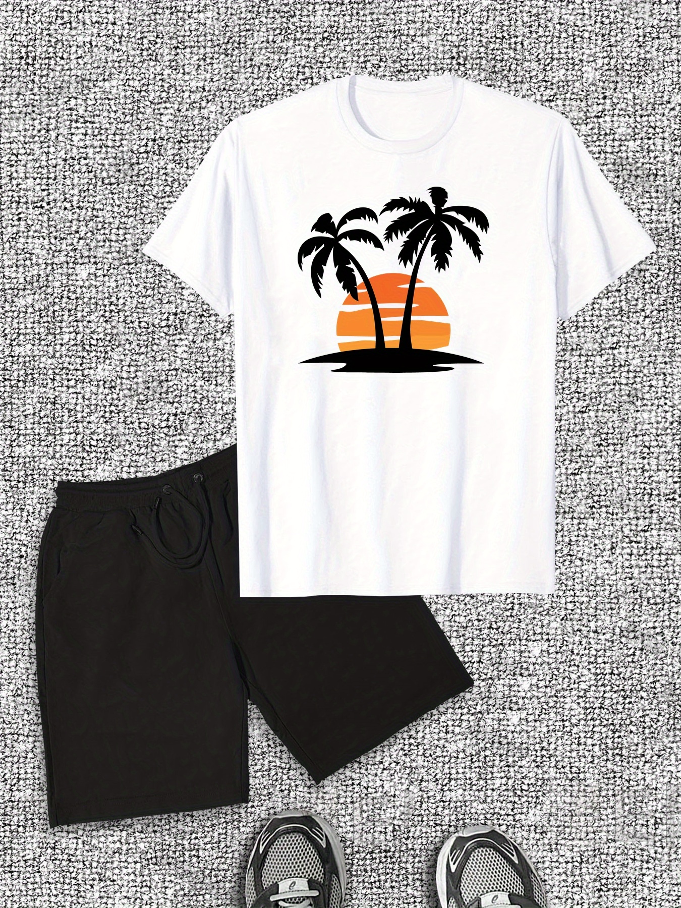 Men'S Casual Summer Shorts and T-Shirt Set, Cotton Crew Neck with Tropical Palm Tree Print, Regular Fit, Slight Stretch Fabric - Ideal for Beach or Vacatio