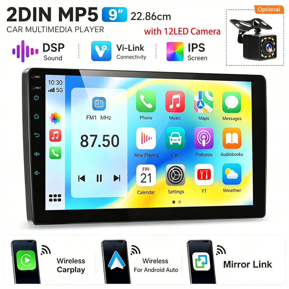 Double Din Car Stereo Radio With Wireless/wired Carplay, -inch Touch Car Mp5 Multimedia Player With , Wireless, Fm/rds Radio Swc Dual Usb Input With 12led Camera
