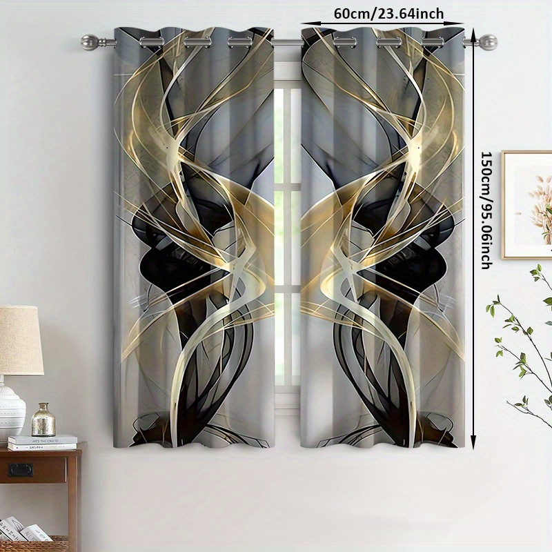 TEMU 2pcs Modern Abstract Curtains - Elegant & Golden Window Drapes, Semi- Filtering Privacy Window Treatments, Machine Washable Polyester Window