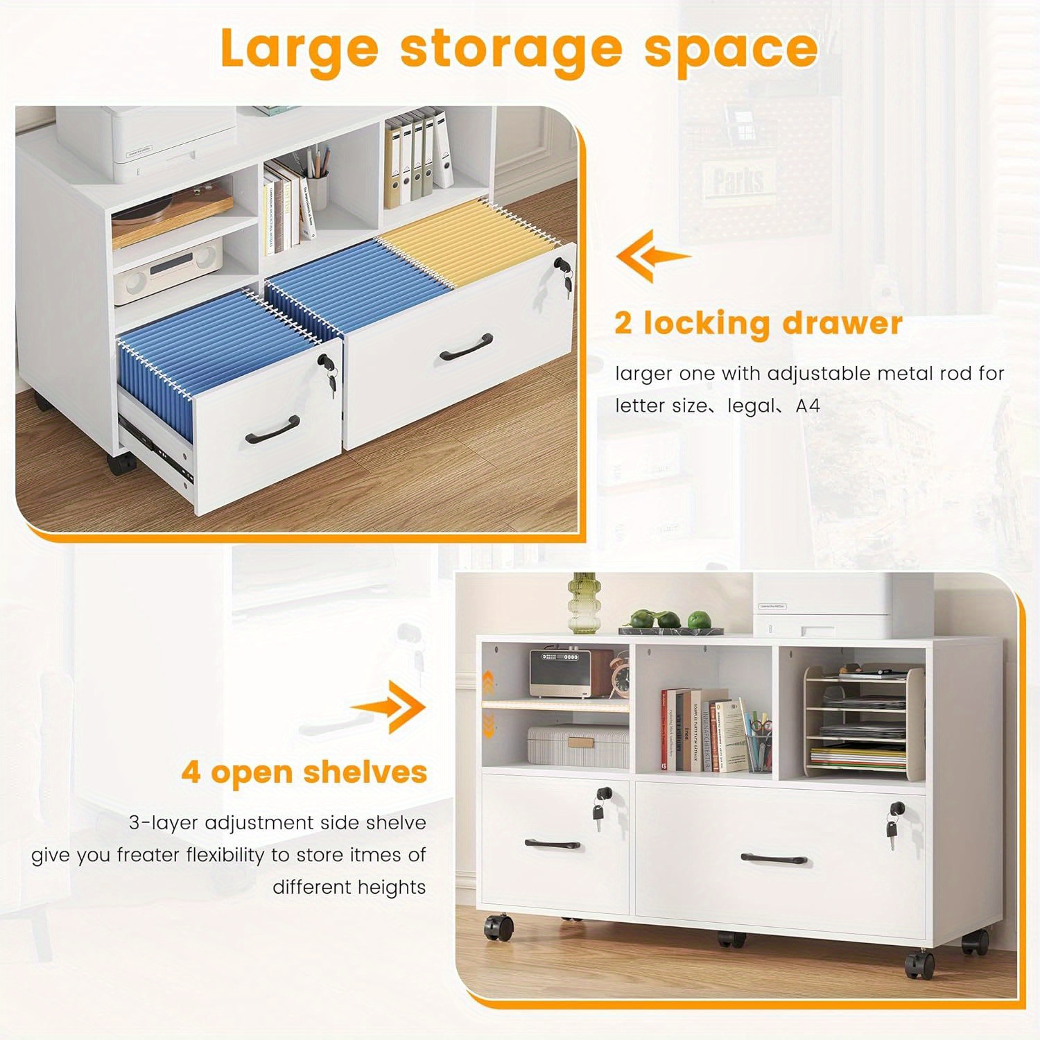 2 Drawer Wood Mobile Large Lateral File Cabinet with Lock, Lockable Rolling Filing Cabinet with Storage Shelves, Printer Stand Office Storage Cabinet for Home Office Fits Files Legal/A4, White