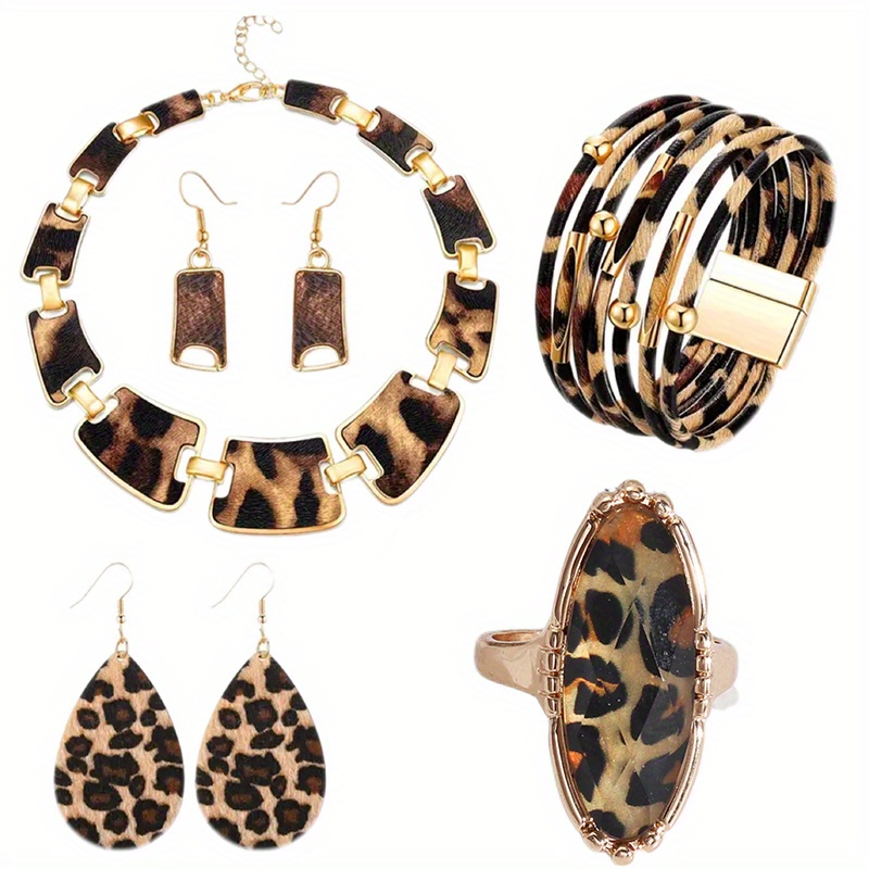 

5pcs Chic Leopard Print Jewelry Set For Women - Vintage Western Style Necklace, Magnetic Bracelet, Earrings & Ring - Ideal For & Parties - Perfect Valentine's Day Gift, Vintage Jewelry