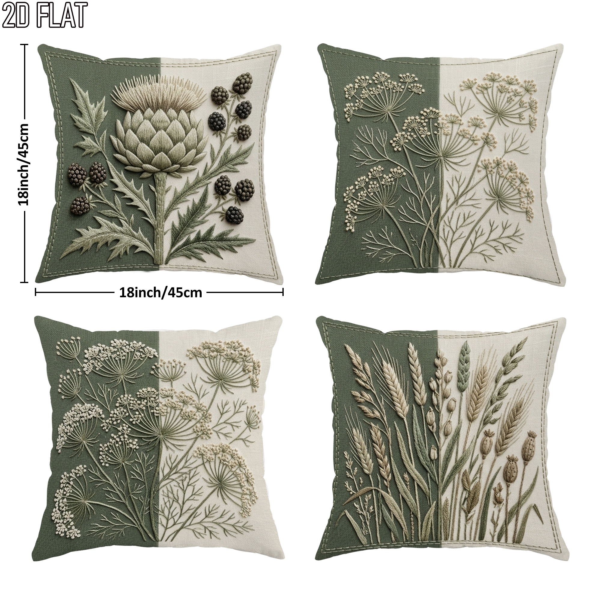 TEMU 2d Flat 4pcs Botanical Nature Floral Throw Pillow Covers Green Beige Decorative Pillowcases One-sided Printing For Living Room Bedroom Sofa Bed