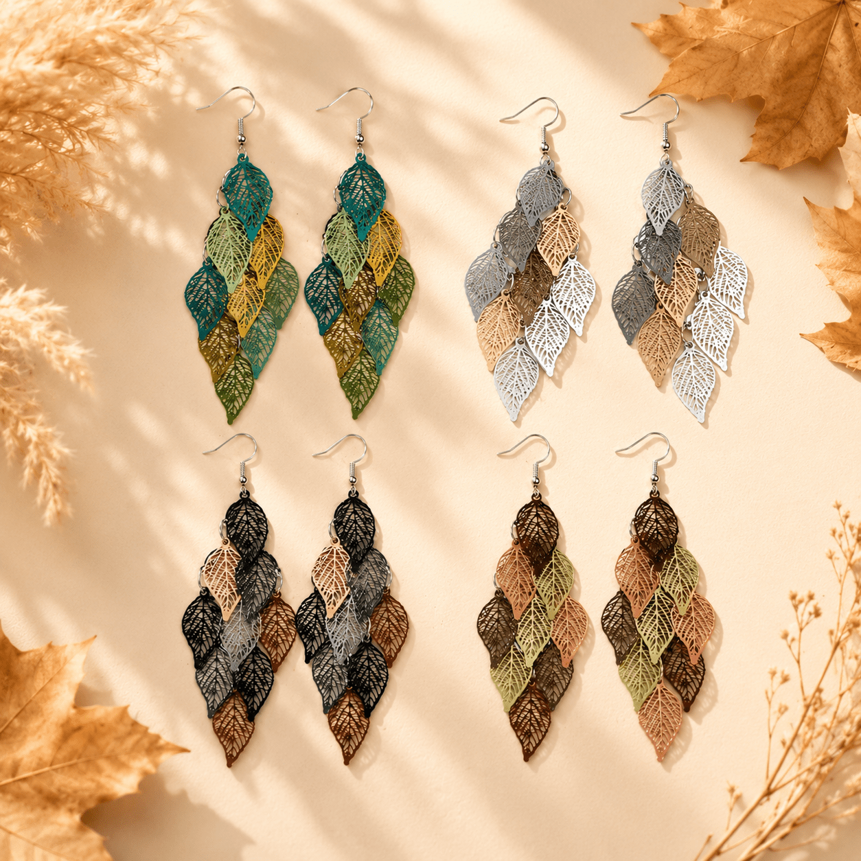 TEMU Ensemble tendance automne doré de 4 pièces : Boucles d'oreilles pendantes à pompons de feuille, à ajourages , à paillettes, multicouches et aux