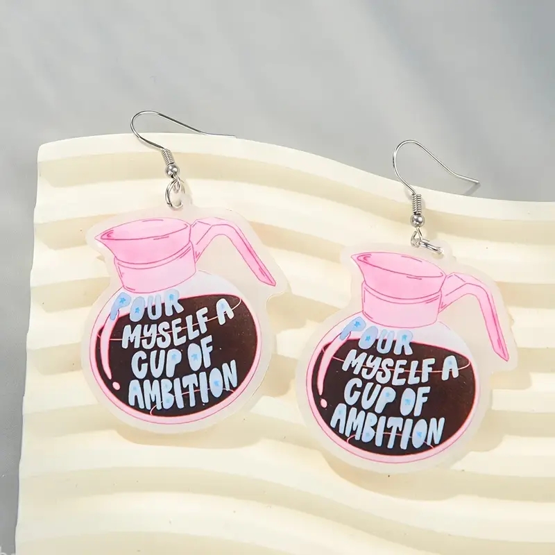 TEMU 2d Flat, A Pair Of 2d Acrylic Drop Earrings Featuring A Design With "pour Yourself A Cup Of ." Cute And Creative Studs Are Perfect For Jewelry,
