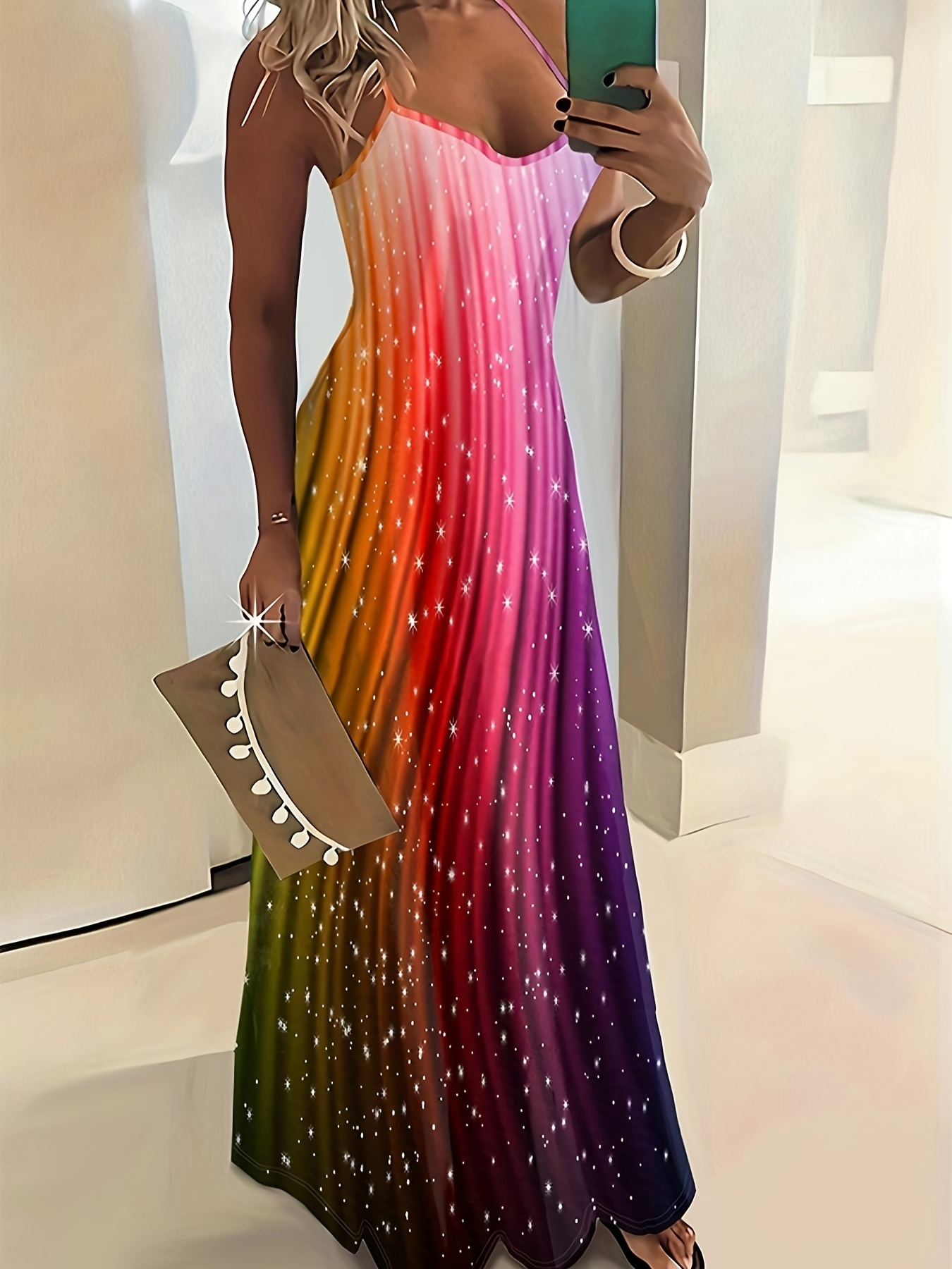 green emerald velvet dress Womens Beach Dresses Summer Rainbow Spaghetti Straps V-Neck Flared Boho  Maxi Dress Colorful XS at Amazon Women's Clothing store
