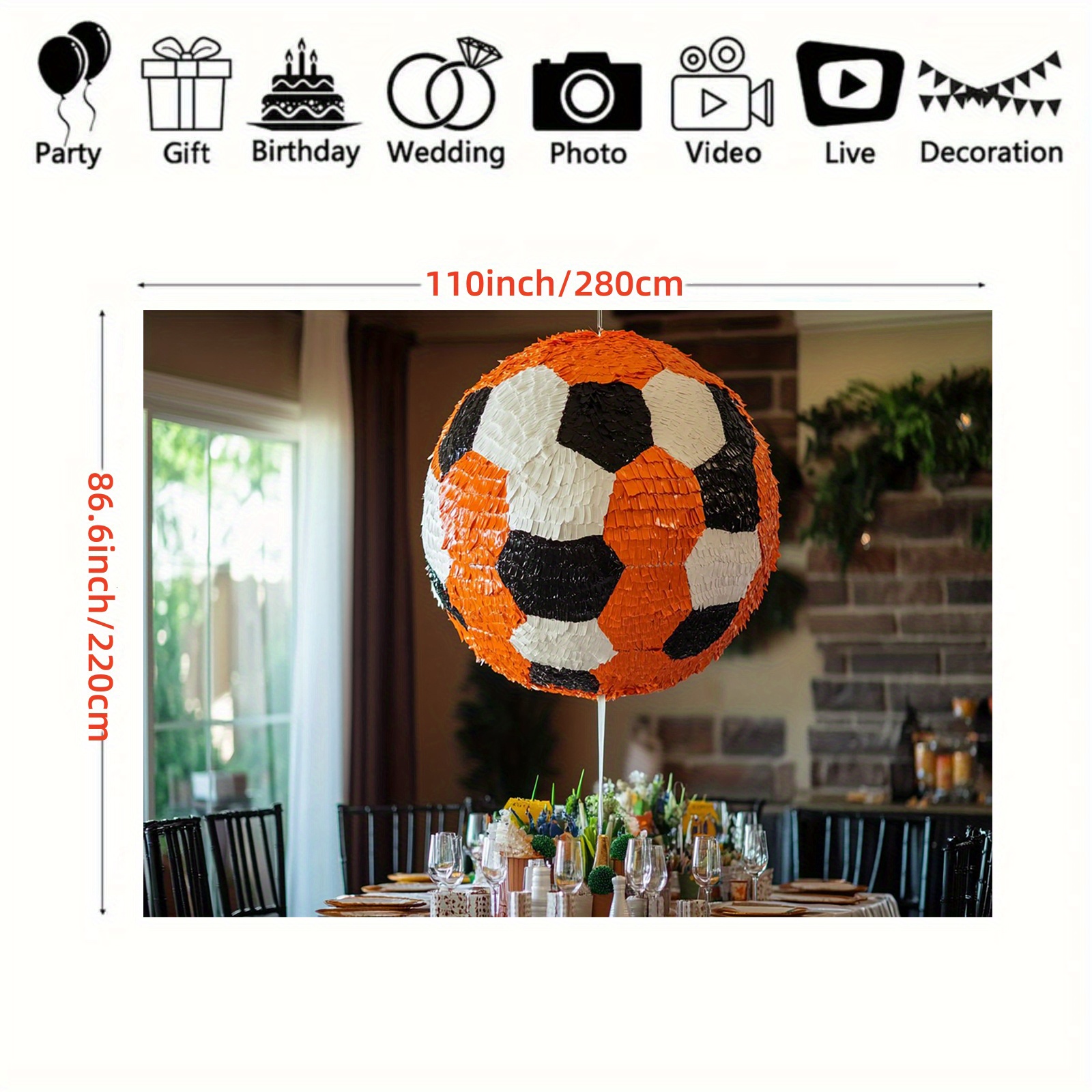TEMU . Riesiger Fußball-Piñata - Strapazierfähiges Polyester-Partybanner für Fußball-Themenveranstaltungen, Geburtstage & Feiern, Oranges & Schwarzes