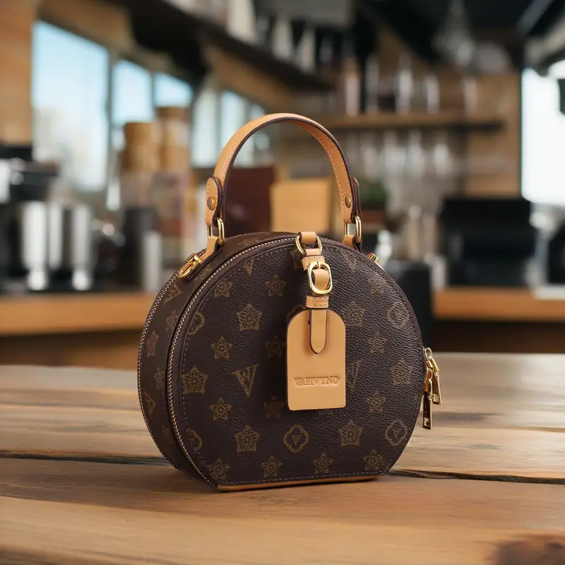 vintage floral print round handbag for women elegant detachable strap zipper closure polyester lined white leather like material with hardware and decorative tag Product details 2