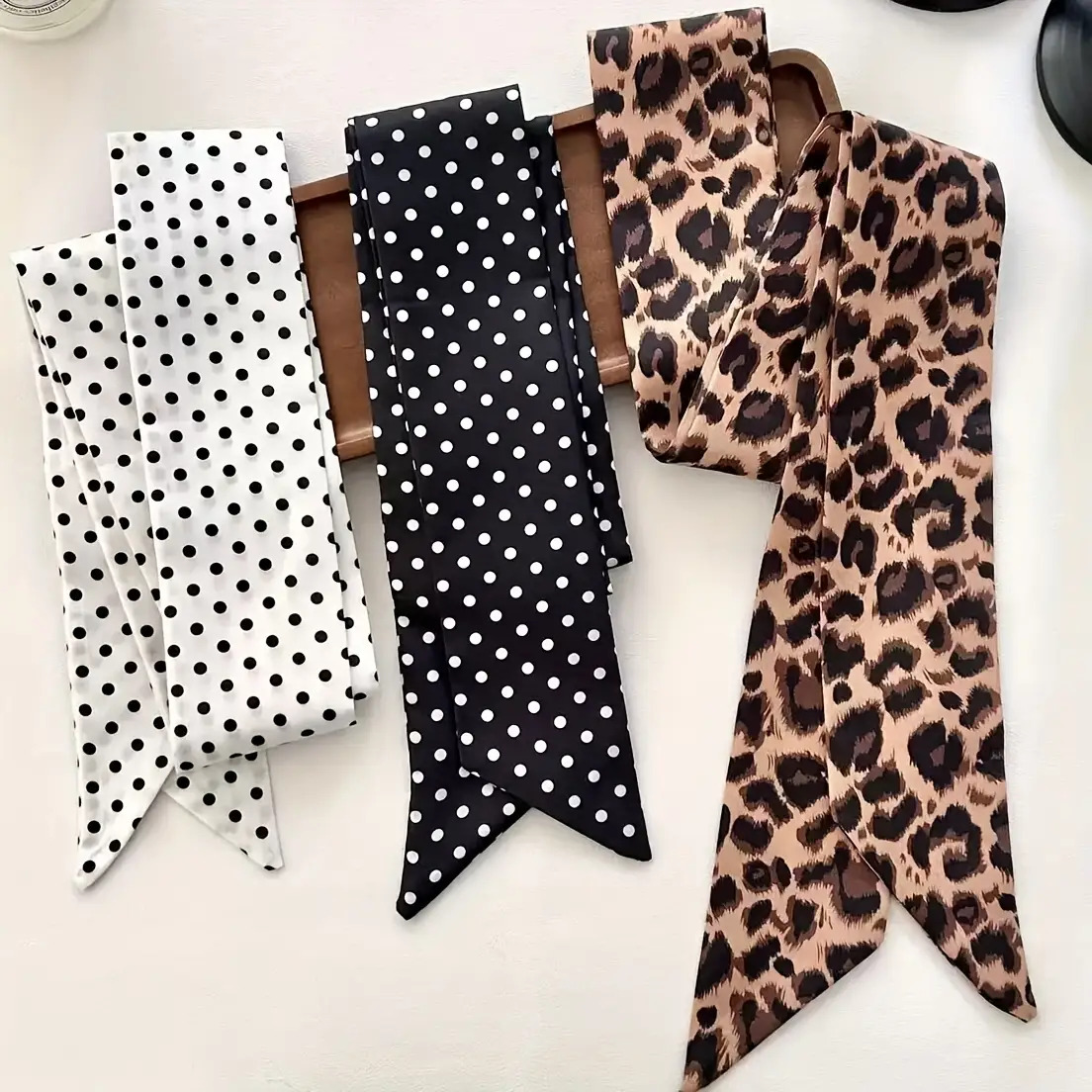 TEMU 3pcs Versatile Leopard Print/polka Dot Thin Women's Long Accessory Set, Used As A Scarf, Belt, Headscarf, Or Hairband. Multi-functional Styling
