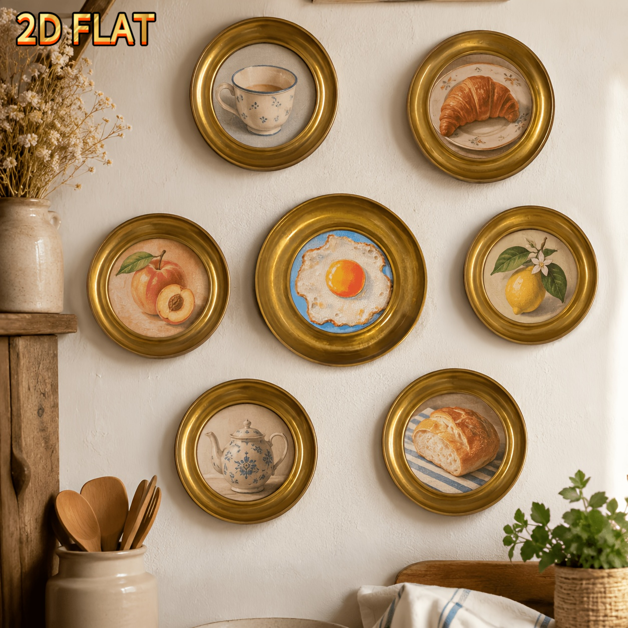 TEMU 2d Flat, 2d Flat 7pcs Mini Retro Food Fruit Round Wooden Wall Decor Set, Including Cup, Croissant, Peach, Fried Egg, Lemon, Teapot, Bread Print,