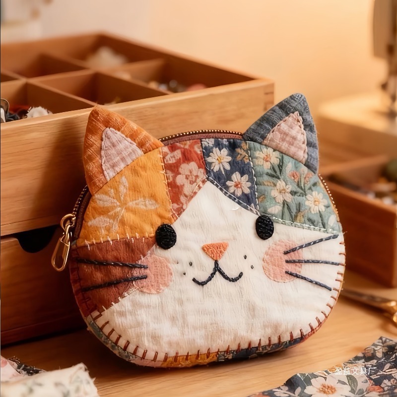 E-shop Tragbare Patchwork-Münzbörse & Aufbewahrungsetui geeignet für Kleine Waren, Karten, Schreibwaren – Süße Katzenmotiv-Reißverschlusstasche mit