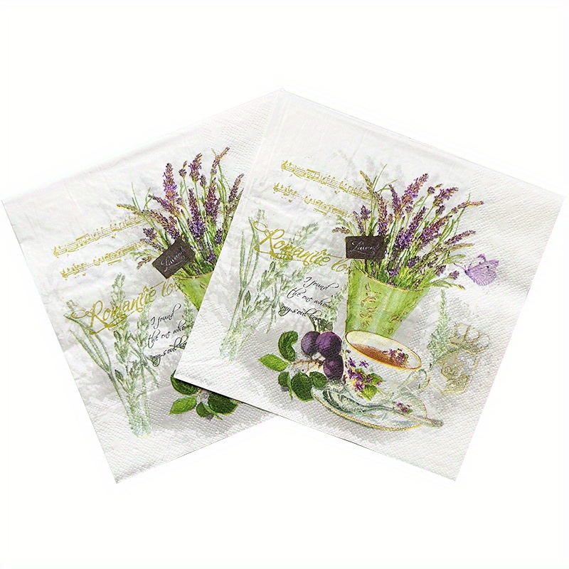 Image of 20pcs Lavender Floral Print Napkins - Elegant Afternoon Tea Design With Botanical Illustrations, Parties, Gatherings & Home Decor