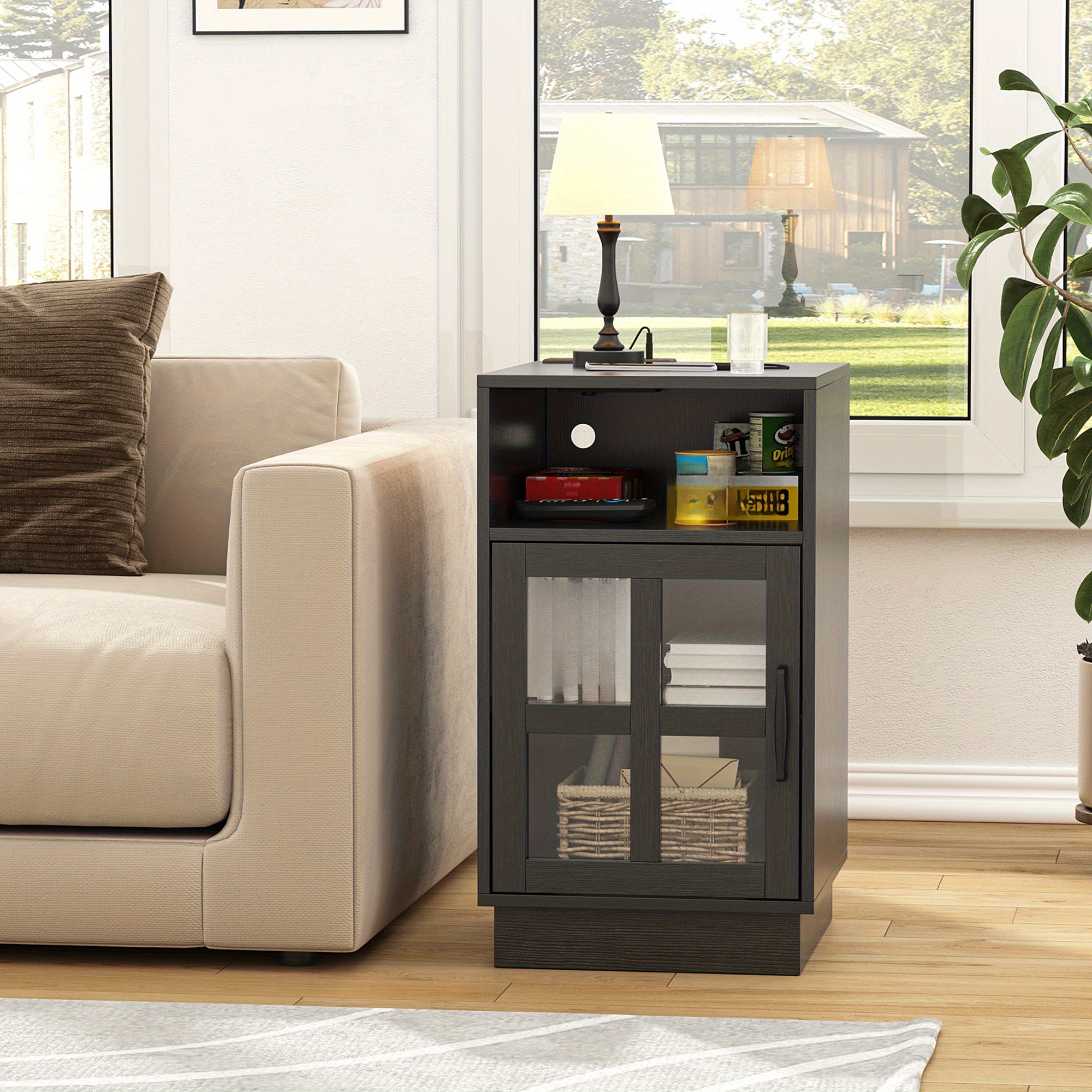 End Tables for Living Room with Charging Station & LED Light, Nightstand with Glass Door & Adjustable Shelf, Bedside Table with USB Ports, Modern Storage Cabinet for Bedroom, Black Smart Side Table