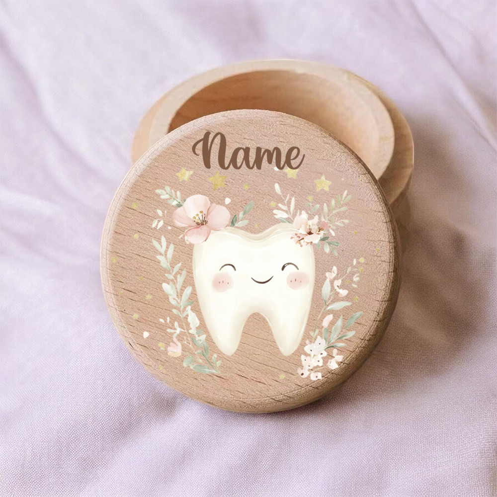 TEMU Personalized Wooden Tooth Fairy Coin Box, Customizable Name Tooth And Flower Tooth Fairy Box, Small Item Souvenir Gift Box, Ideal Baptism Gift,