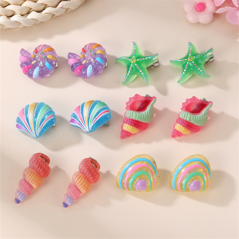 TEMU 12pcs Ocean-themed Colorful Starfish, Seashell, And Conch Plastic Hair Clips For Girls, Cute Hair Accessories, Clips