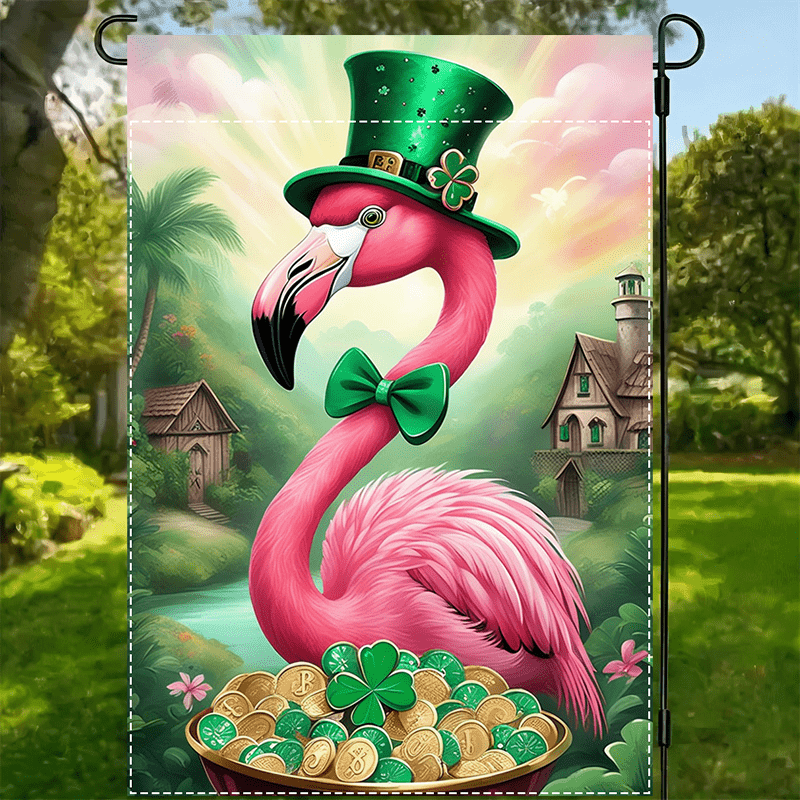 

's Day Flamingo Flag - Double-sided, Waterproof Outdoor Decor With Rainbow & Clover Design, 12x18 Inch