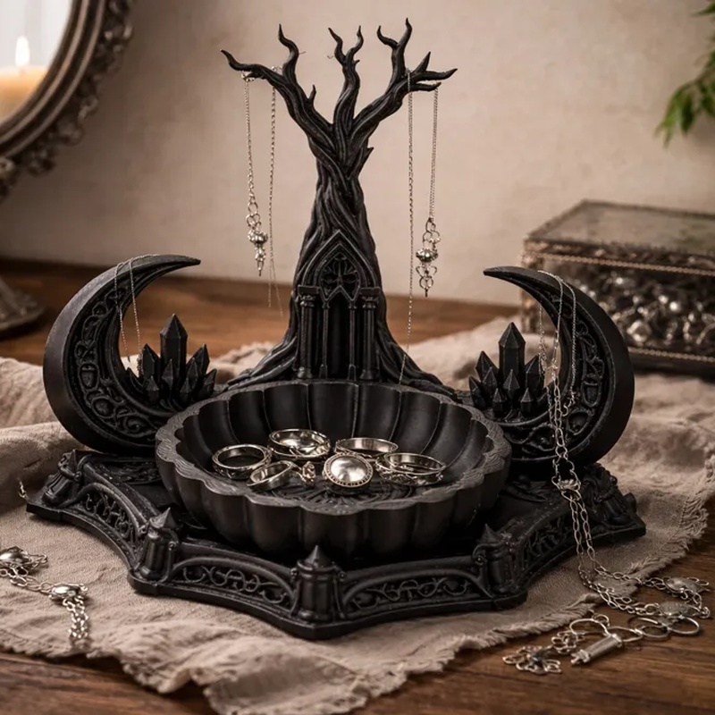 TEMU Halloween Gothic-style Tree-shaped Moon Jewelry Stand, High-quality Plastic Ring And Necklace Storage Tray, Non-food Contact