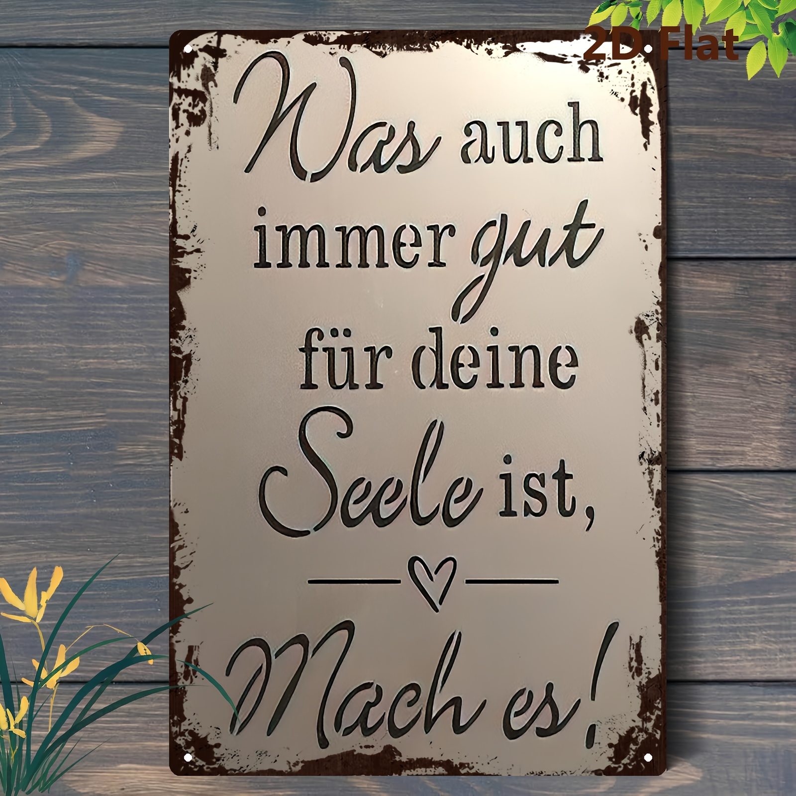 Image of 2d Flat - 2d Plane - Vintage German Quote Metal Plaque | ' Good For ' - Rustic Plaque With Heart Decoration, 8.0 X 12.0 Inch, Suitable For Home, Bar, Office And Decoration, , No Power Supply Required