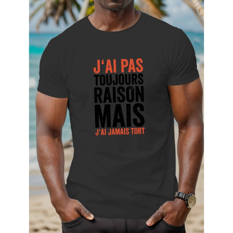 

1pc T-shirt humoristique français décontracté pour homme, haut d'été en polyester tricoté avec motif géométrique, t-shirt à col rond coupe standard pour adultes - Tissu extensible 150 g/m²