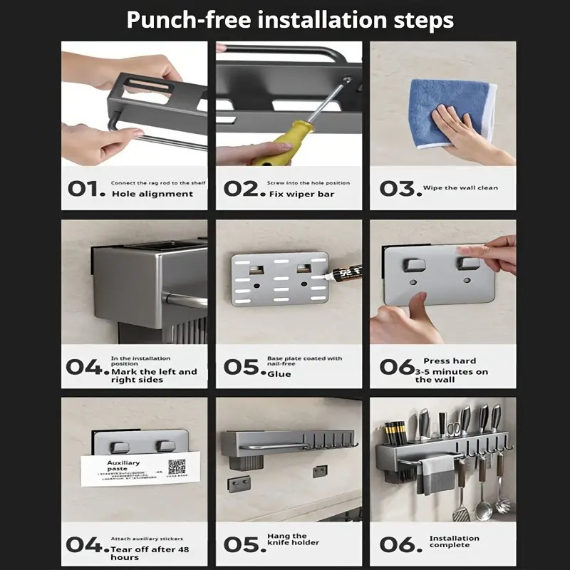 Multifunctional Wall-Mounted Kitchen Storage Rack Heavy-Duty Knife Rack No-Drill Installation Storage for Knives, Kitchen Utensils, and Cutting Boards Space-Saving for Home and Restaurant Storage and Organization