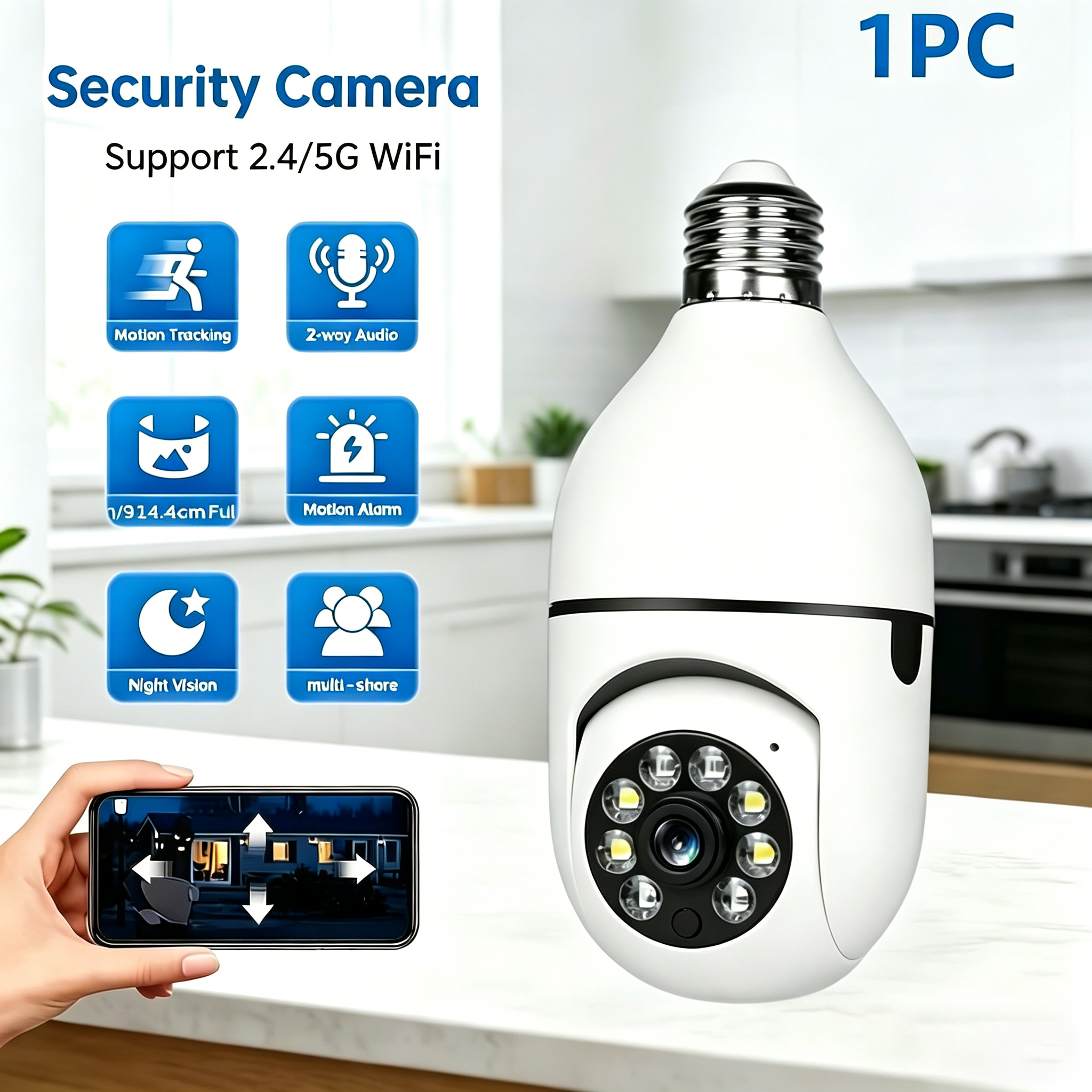 Image of 1pc Bulb Surveillance Dome Camera, Wireless Wifi 5g And 2.4ghz, Ptz Light Base Security Camera For Home, Audio, Auto Tracking And Alarm, Fhd Color Night Vision