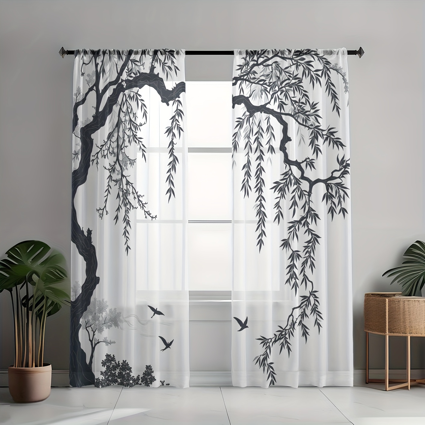 E-shop 2 Stück Halbtransparente Vorhänge mit Baumast-Design – Stangen- Fensterpanels für Wohnzimmer, Schlafzimmer, Küche, Design mit Ästen,