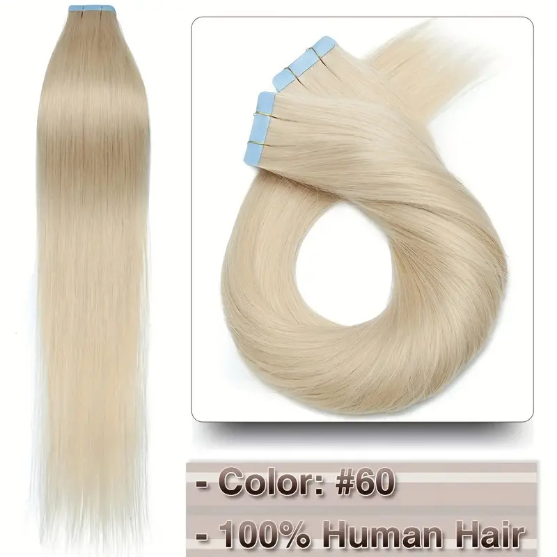 Tape In Human Hair Extensions Human Hair Platinum Blonde50g/ Pack 20pcs Straight Seamless Skin Weft Tape In Real Human Hair Extensions 60# Color