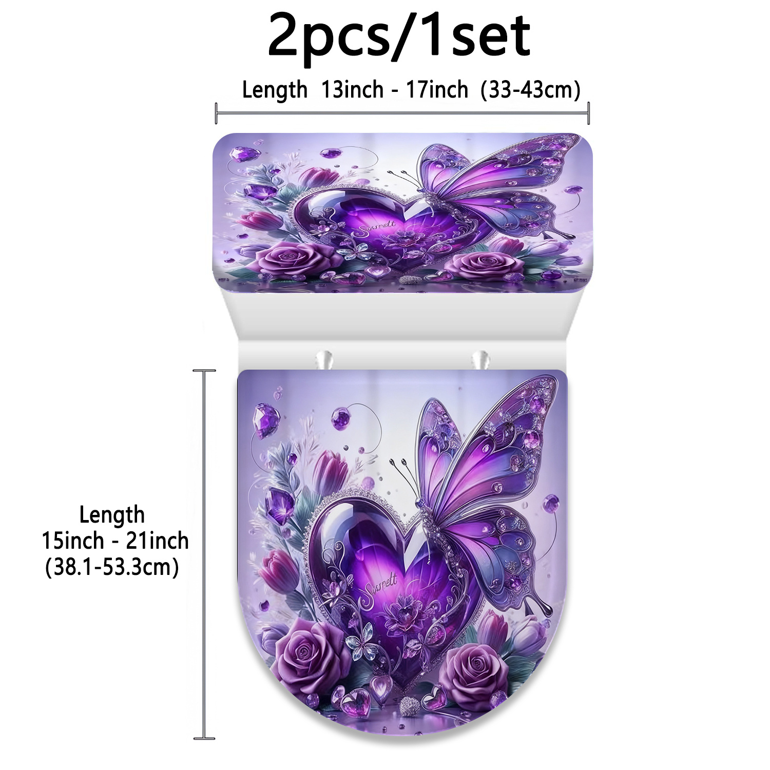 TEMU 2pcs Amethyst Heart Rose Decorative Toilet Seat Cover And Tank Cover Set, 2d Flat Universal Bathroom Decorative Toilet Cloth Set For , Suitable