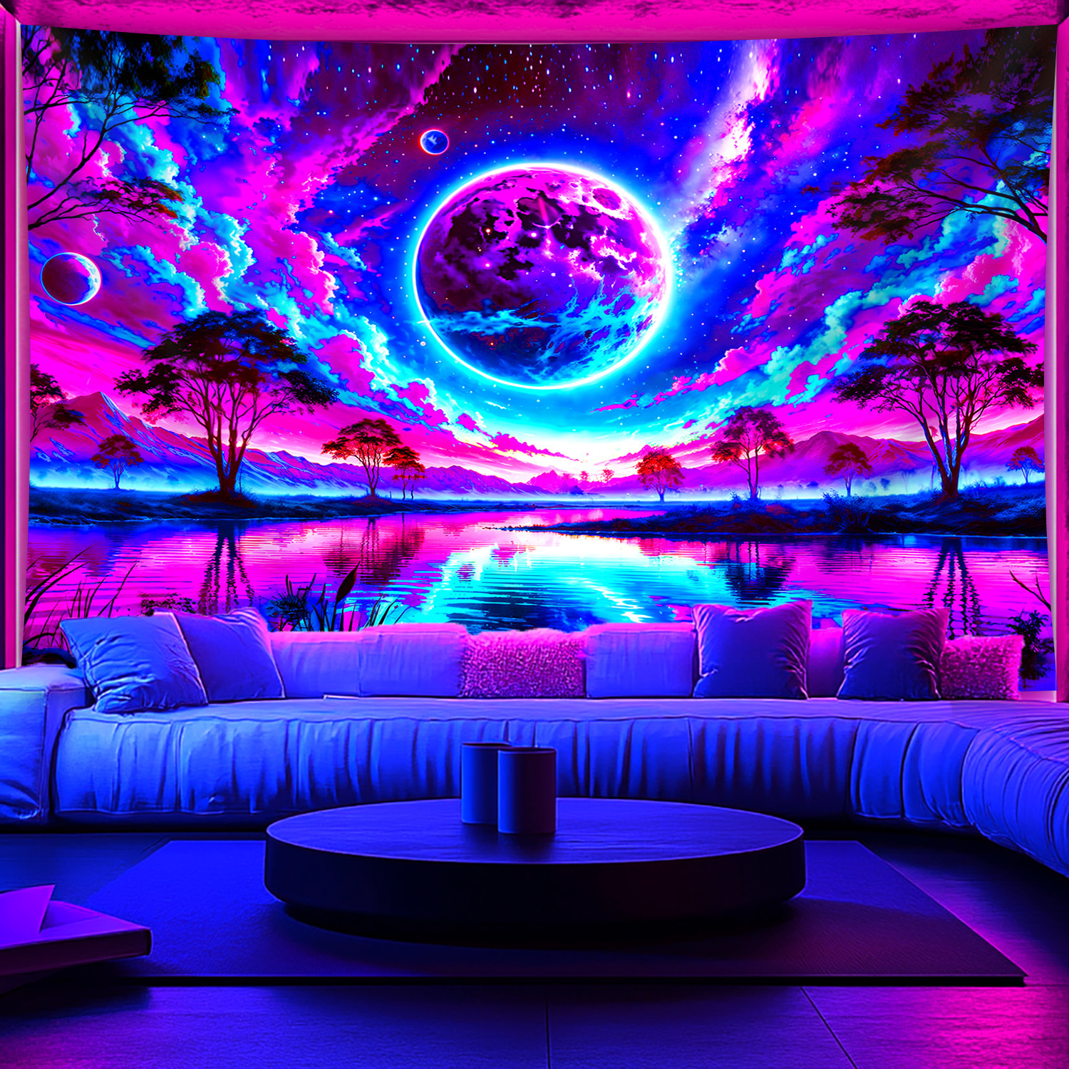 E-shop Neon-Farbverlauf-Kunstplanet – im UV-Licht leuchtendes Banner-Wandteppich, großer Wandteppich aus Pfirsichhaut mit fluoreszierendem Druck,