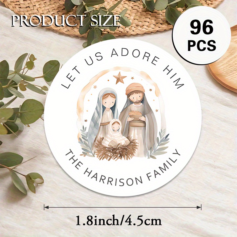 TEMU Custom 48/96pcs Religious Christmas Round Stickers, Personalizable With Name, Etc. Nativity Family Design. Good For Religious Events, Party
