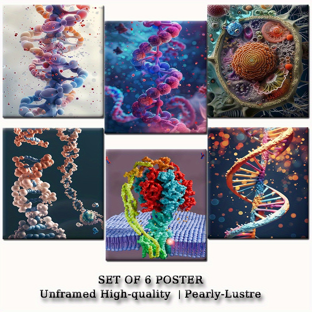 TEMU Set Of 6 Vibrant Dna & Cell Structure Posters - 8x10 Inch Unframed High-quality Wall Art, Colorful Dna Cell Illustrations, Educational Science
