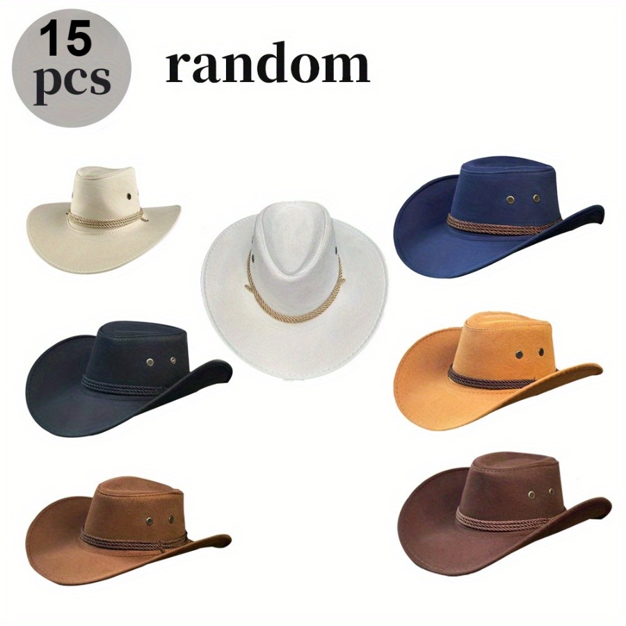 TEMU 15 Combined Retro Three-strand Rope Western Cowboy Hats, Wide-brimmed Windproof Sun Hats, Jazz British Western Wide-brimmed Hats, Cool And