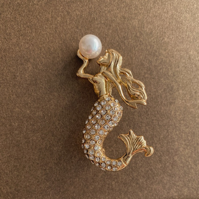TEMU Elegant Golden Mermaid Brooch With Sparkling Rhinestones And Pearl - Vintage-inspired Pin For Women, Fashion Accessories Or Gifts, Mermaid Party