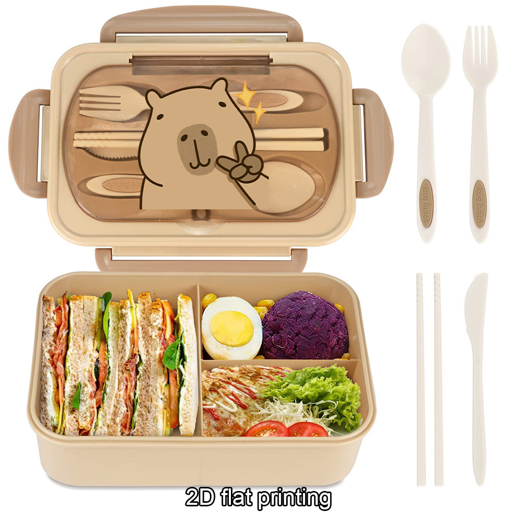 Image of [authorized] Cartoon Print Bento Box With Capybara Pattern And Utensils, Multi-compartment Food Container For Students And Office Workers' Healthy Meals, Portable Lunch Box For School Or Picnics.