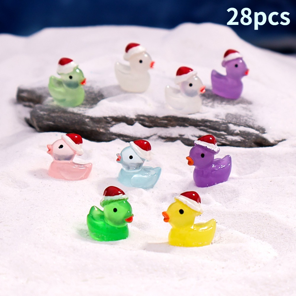 TEMU 28pcs Mini Canards de Noël Lumineux Couleurs Aléatoires, avec Chapeaux de Père Noël, Mini Statues de Jardin Brillantes, Pots de Fleurs et Bocaux