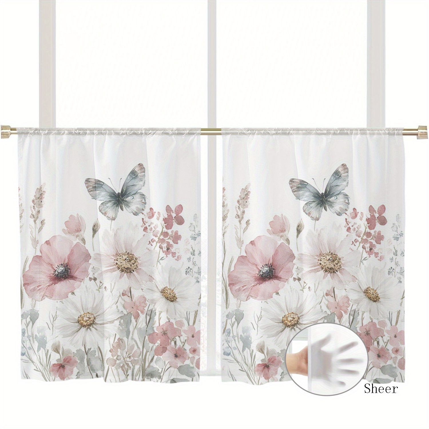 TEMU 2pcs Floral Easter Transparent Curtains Small Translucent Curtains Tulle Curtains Rod Pocket Transparent Curtains Window Decoration Living Room