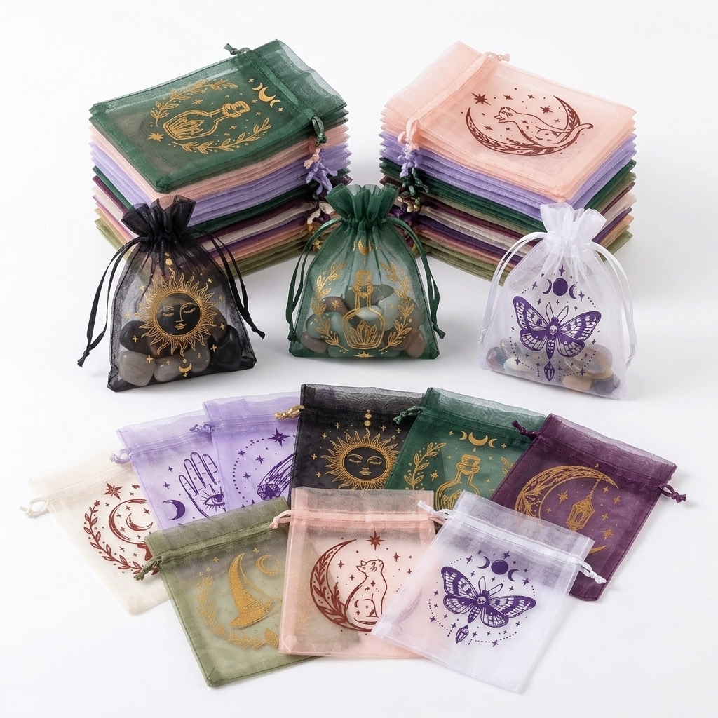 TEMU 24pcs Random Organza Drawstring Bags Mystical Witchy Jewelry Pouches Sheer Mesh Bag With Elegant Favors Wedding Crafts Halloween Storage And