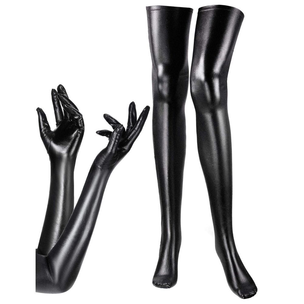 1pc: Stretch Spandex Glossy Wet-look Long Gloves And Thigh-high Socks