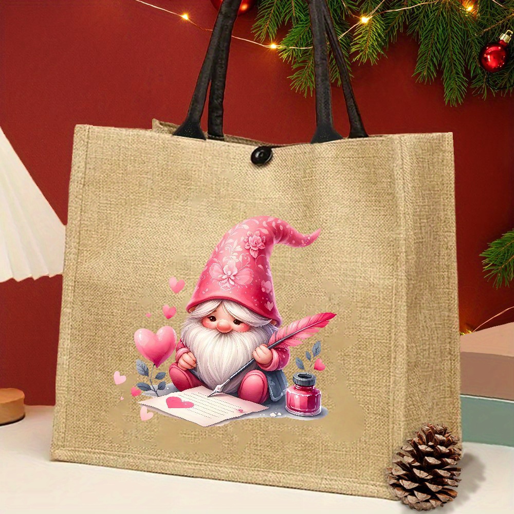 

Chic Pink Gnome Print Tote Bag - Large Capacity, Jute Handbag For Christmas & Valentine's Day - Shopping, Travel & Outdoor Activities